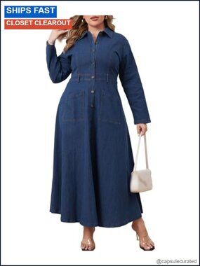 Plus Size Maxi Denim Dress Button Down Jean Shirt Dress